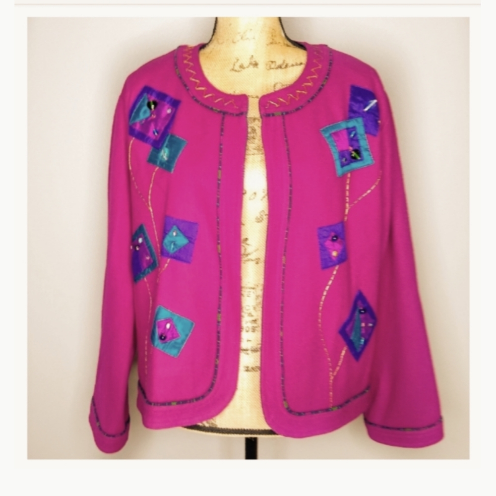 YAK MAGIK Fuchsia Hot Pink Purple Patchwork Embellished Wool Blazer Jacket